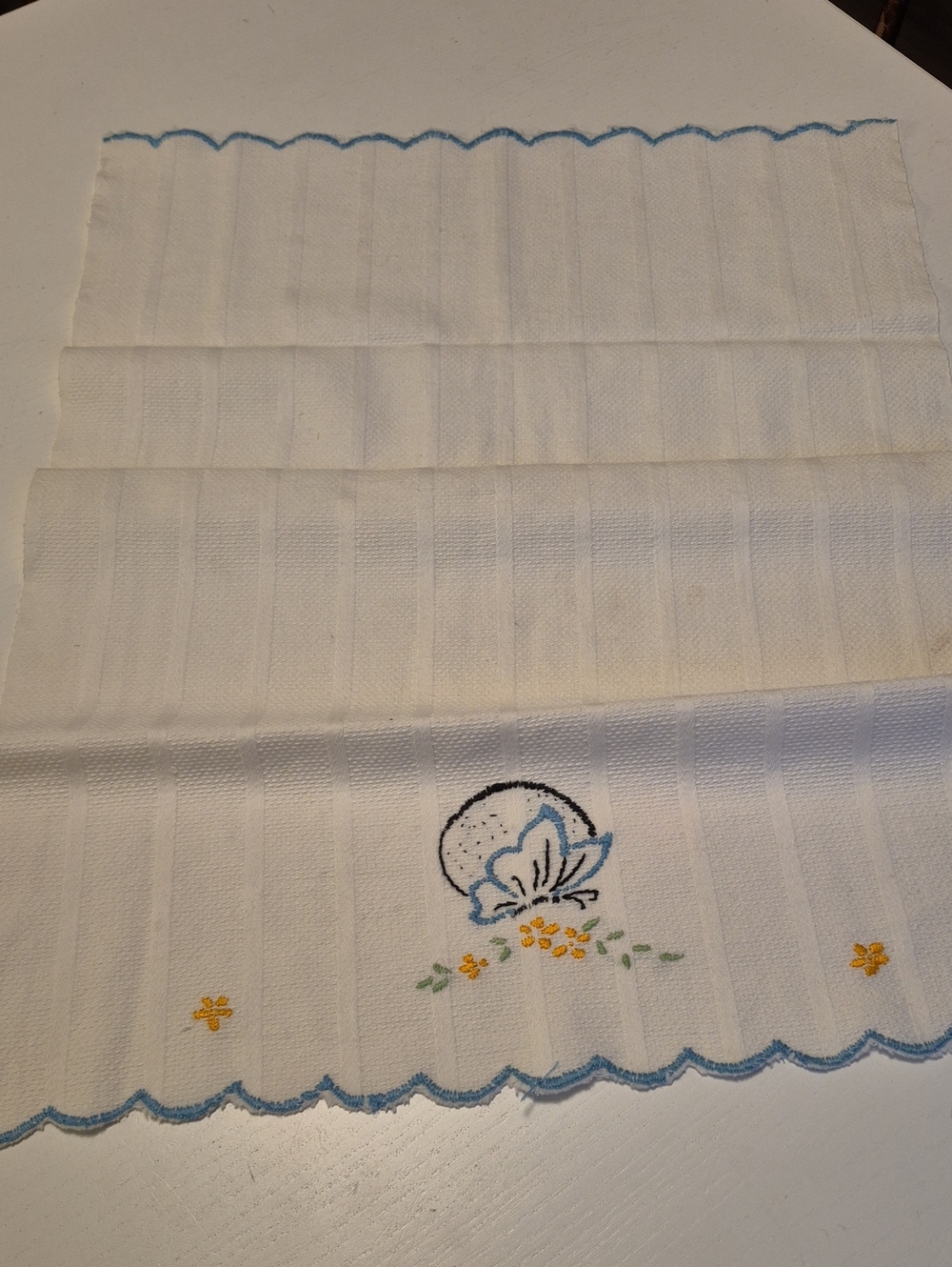 White Embroidered Kitchen Towel with Blue Trim